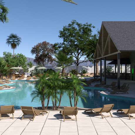 A rendering of a large, 5,000 sq. ft. stucco clubhouse at Eckhoff’s Oasis Motorcoach Resort in Punta Gorda, FL.