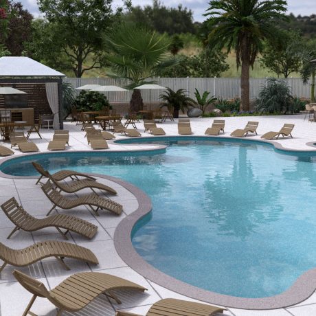 A rendering of a large, 5,000 sq. ft. stucco clubhouse at Eckhoff’s Oasis Motorcoach Resort in Punta Gorda, FL.