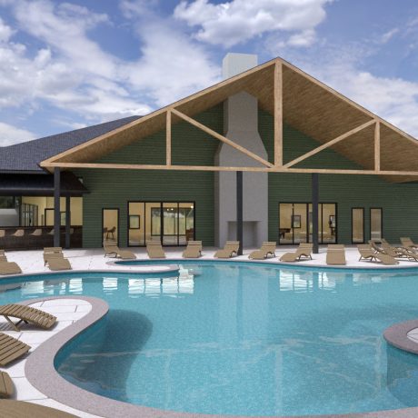 A rendering of a large, 5,000 sq. ft. stucco clubhouse at Eckhoff’s Oasis Motorcoach Resort in Punta Gorda, FL.