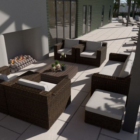 A rendering of a large, 5,000 sq. ft. stucco clubhouse at Eckhoff’s Oasis Motorcoach Resort in Punta Gorda, FL.